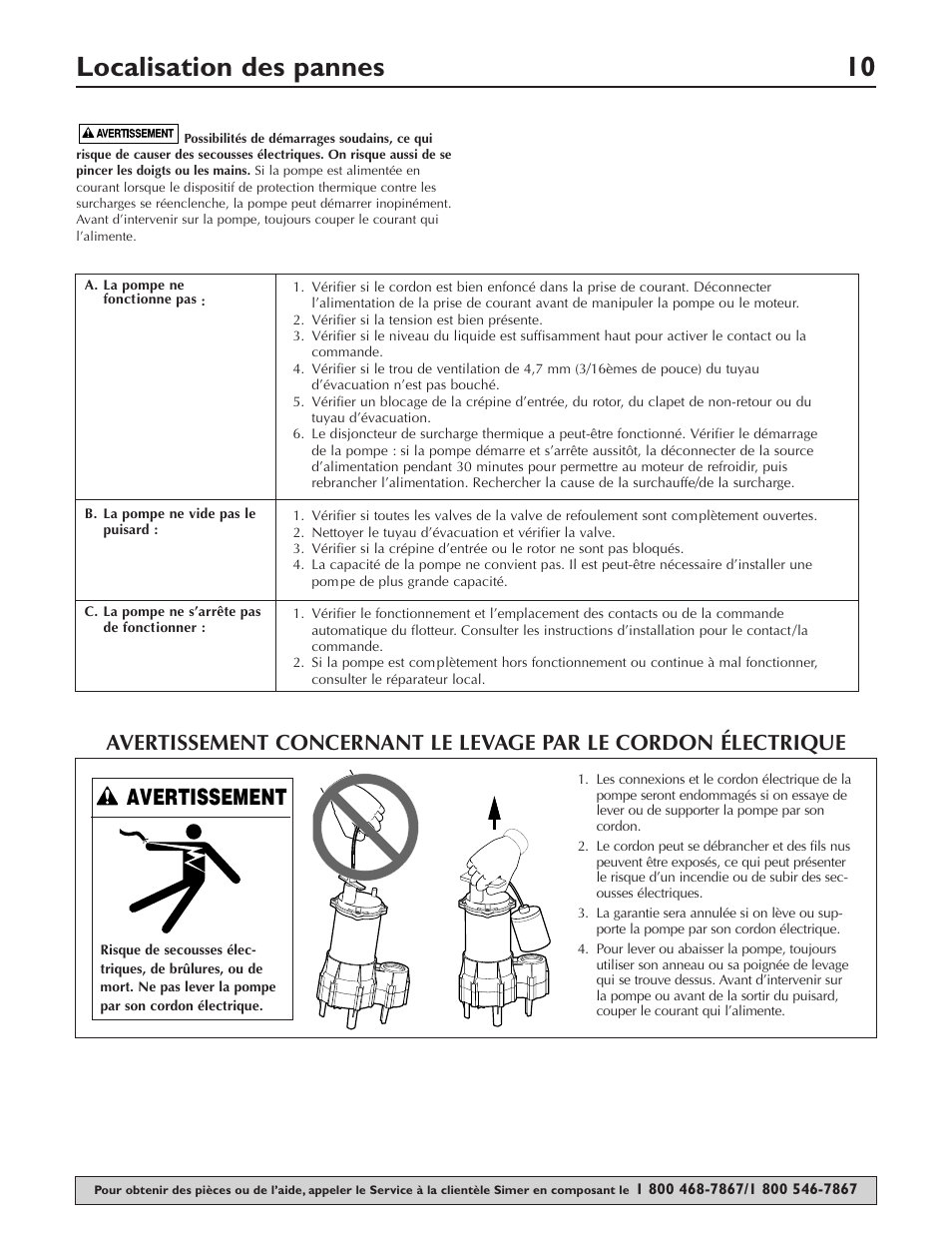 Localisation des pannes 10, Avertissement | Simer Pumps SIMER 2961 User Manual | Page 10 / 16