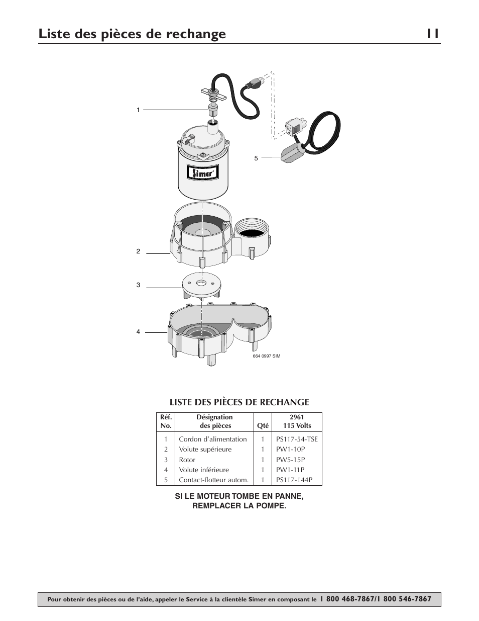 Liste des pièces de rechange 11 | Simer Pumps SIMER 2961 User Manual | Page 11 / 16