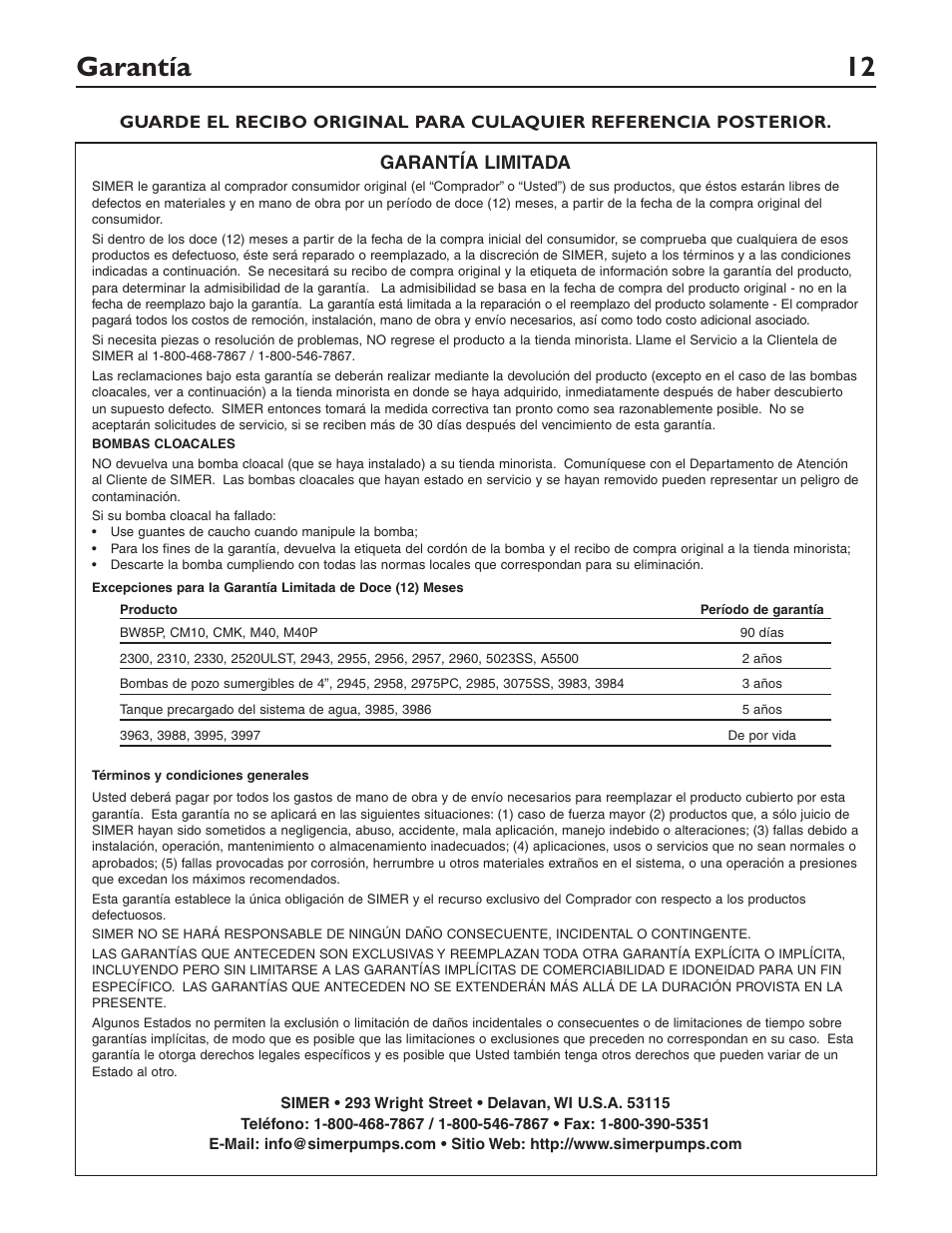 Garantía 12, Garantía limitada | Simer Pumps SIMER 2961 User Manual | Page 12 / 16