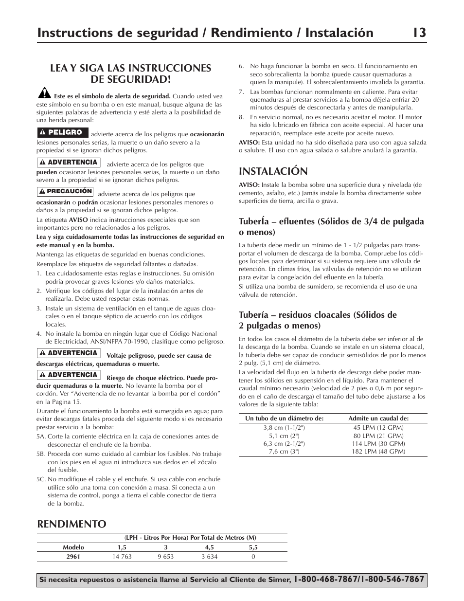 Lea y siga las instrucciones de seguridad, Instalación, Rendimento | Simer Pumps SIMER 2961 User Manual | Page 13 / 16