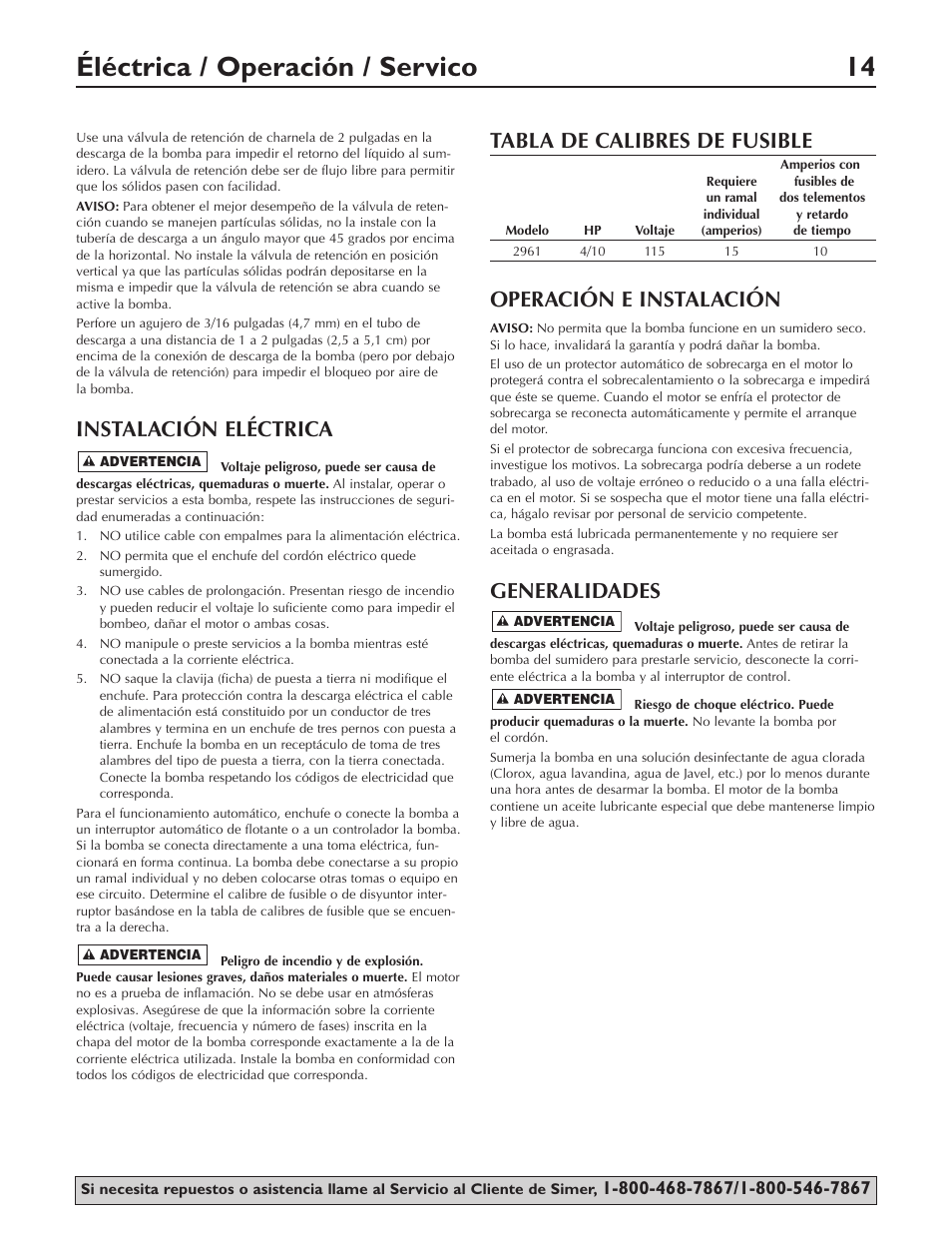 Éléctrica / operación / servico 14, Instalación eléctrica, Tabla de calibres de fusible | Operación e instalación, Generalidades | Simer Pumps SIMER 2961 User Manual | Page 14 / 16