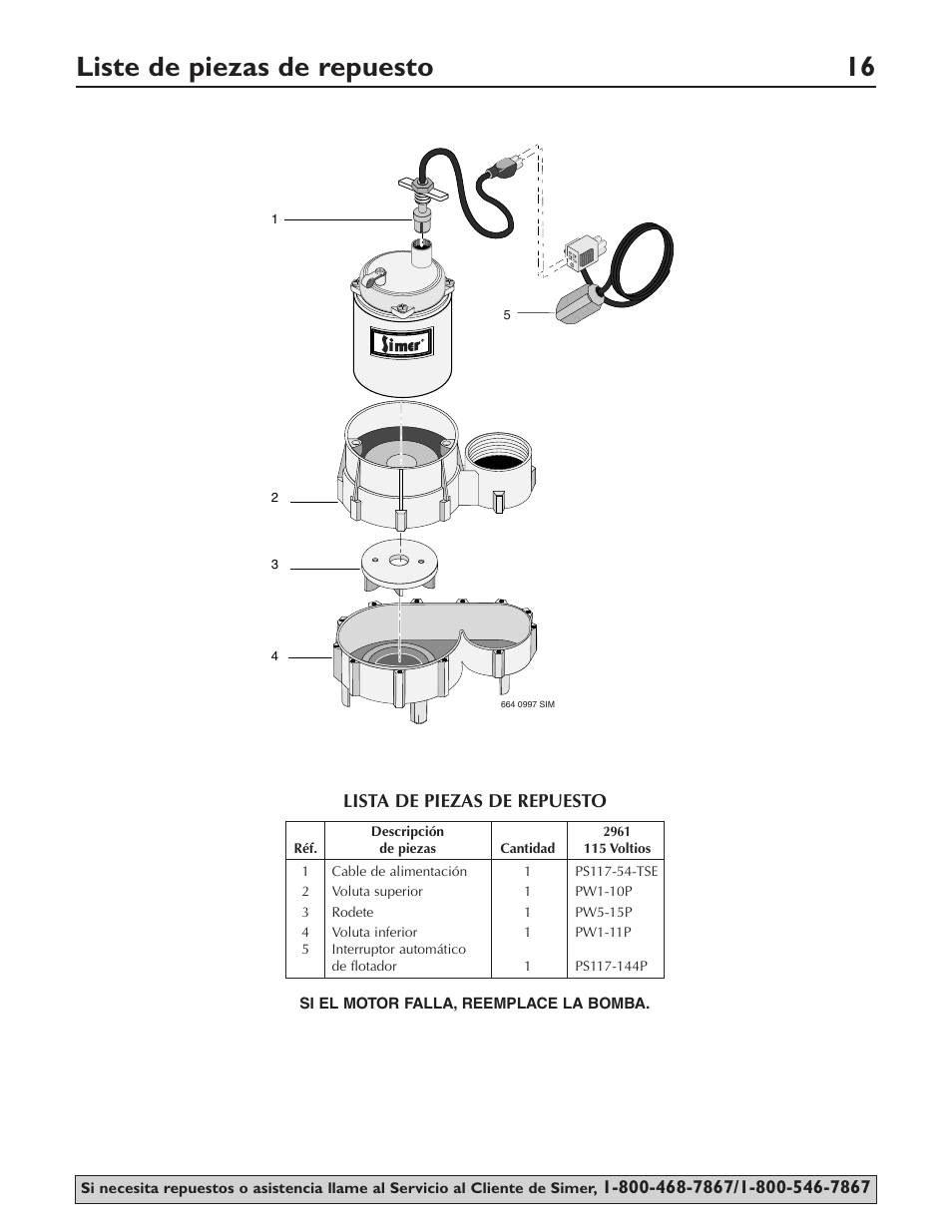 Liste de piezas de repuesto 16 | Simer Pumps SIMER 2961 User Manual | Page 16 / 16