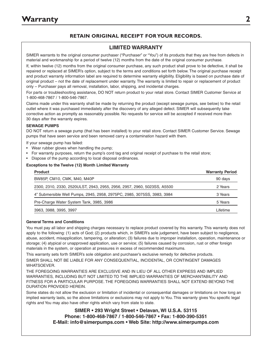 Warranty 2 | Simer Pumps SIMER 2961 User Manual | Page 2 / 16