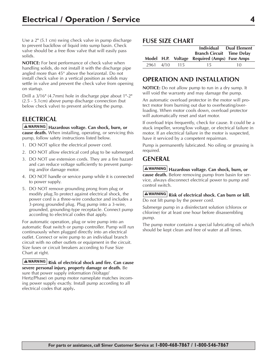 Electrical / operation / service 4, Electrical, Fuse size chart | Operation and installation, General | Simer Pumps SIMER 2961 User Manual | Page 4 / 16