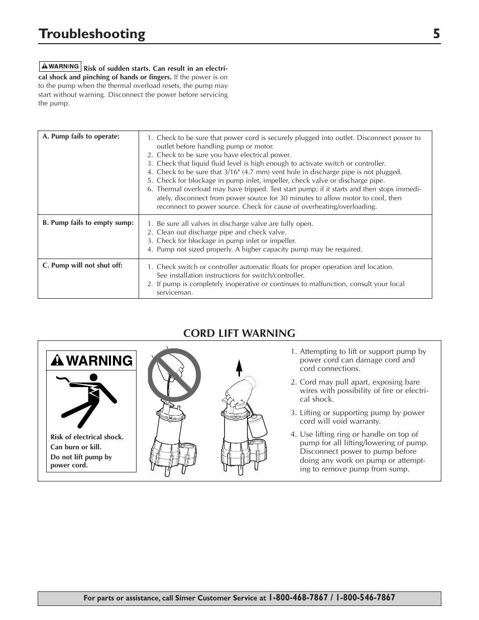 Troubleshooting 5, Cord lift warning | Simer Pumps SIMER 2961 User Manual | Page 5 / 16