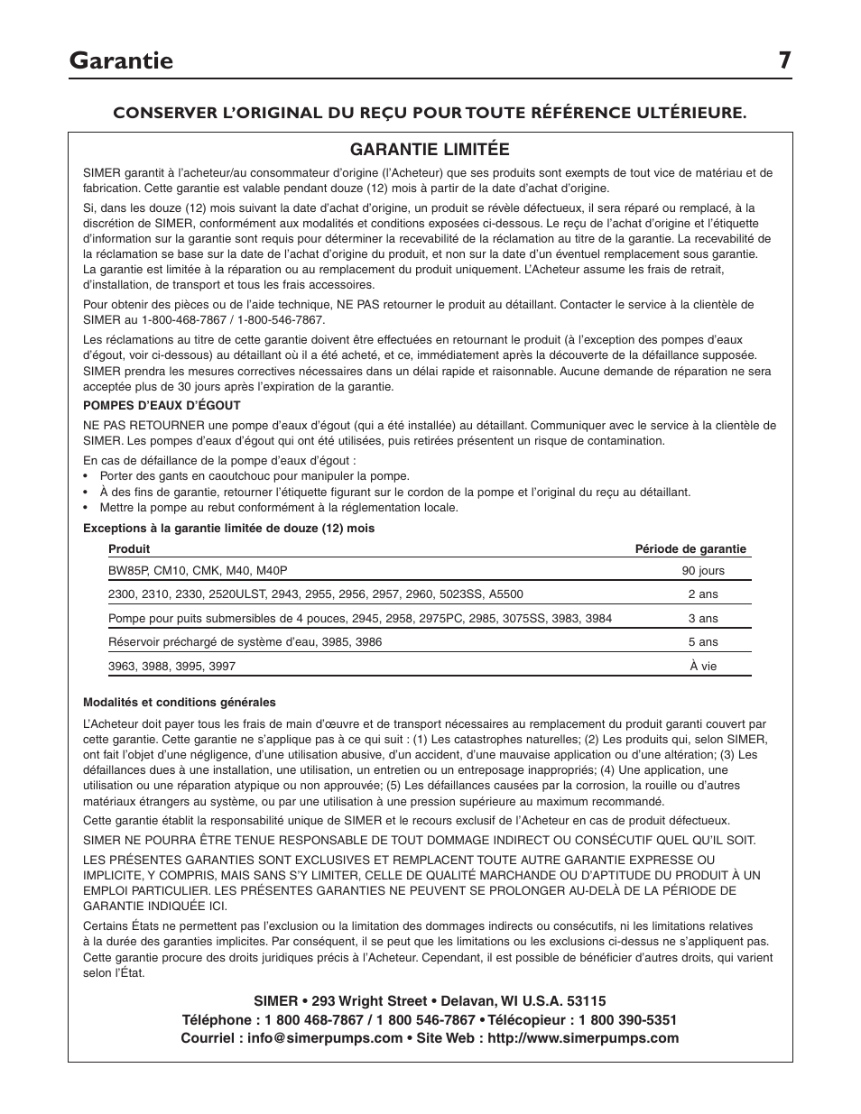 Garantie 7, Garantie limitée | Simer Pumps SIMER 2961 User Manual | Page 7 / 16