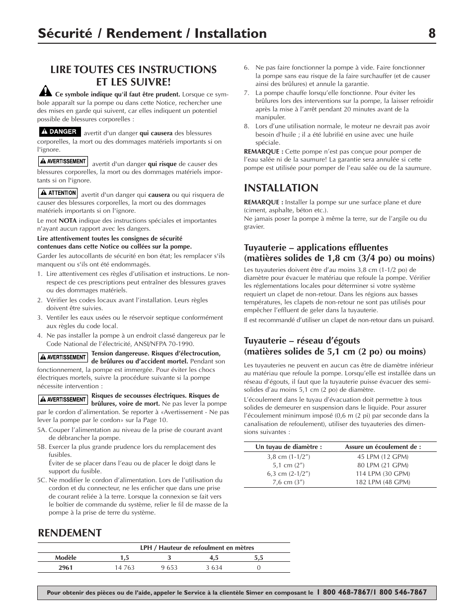 Sécurité / rendement / installation 8, Lire toutes ces instructions et les suivre, Installation | Rendement | Simer Pumps SIMER 2961 User Manual | Page 8 / 16