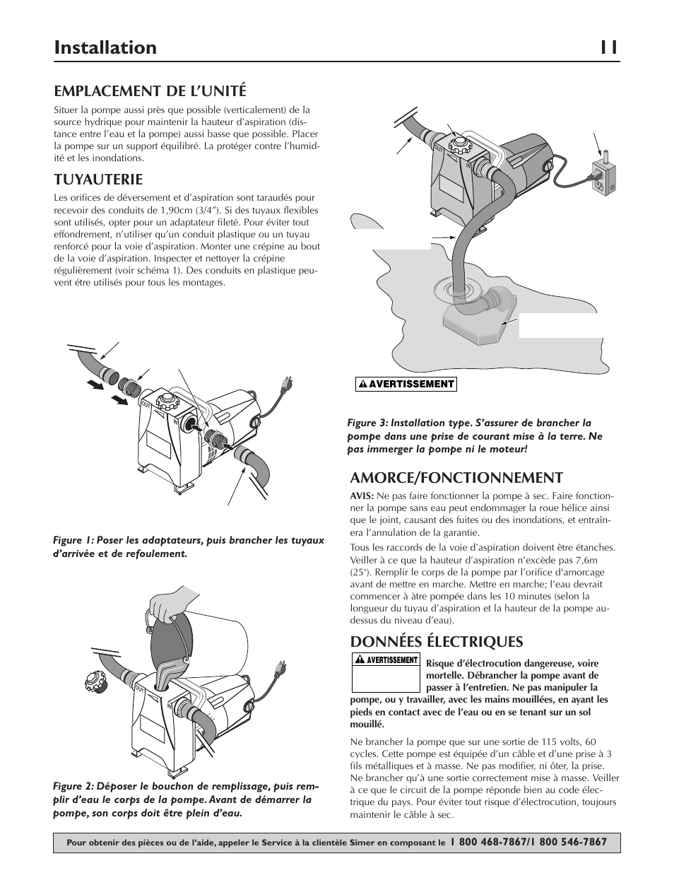 Installation 11, Emplacement de l’unité, Tuyauterie | Amorce/fonctionnement, Données électriques | Simer Pumps 4850C User Manual | Page 11 / 24