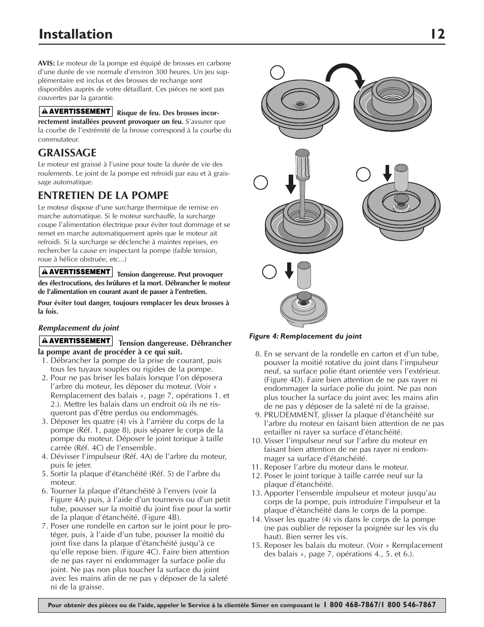 Installation 12, Graissage, Entretien de la pompe | Ab c d | Simer Pumps 4850C User Manual | Page 12 / 24