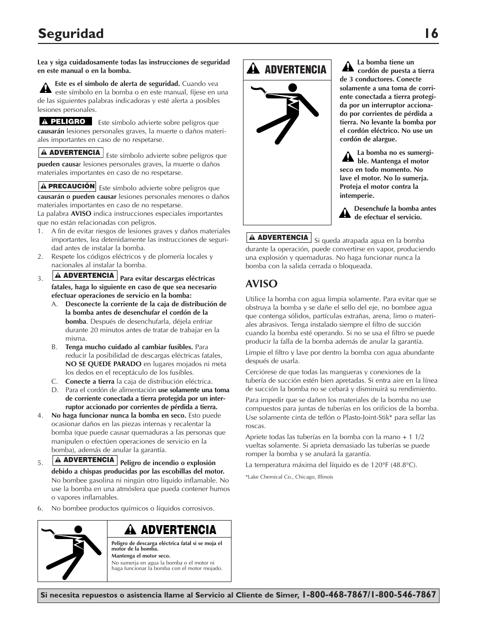 Seguridad 16, Aviso, Advertencia | Simer Pumps 4850C User Manual | Page 16 / 24