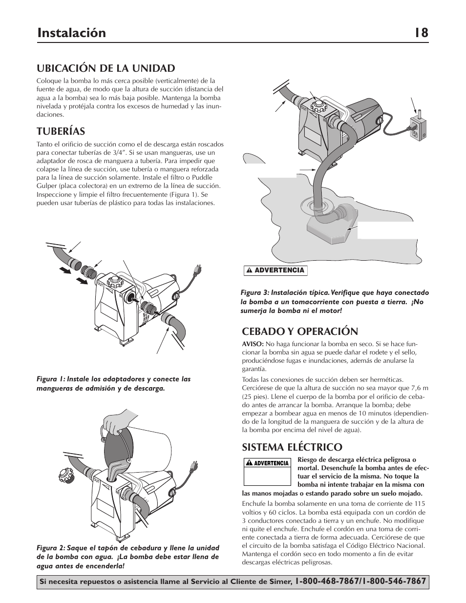 Instalación 18, Ubicación de la unidad, Tuberías | Cebado y operación, Sistema eléctrico | Simer Pumps 4850C User Manual | Page 18 / 24