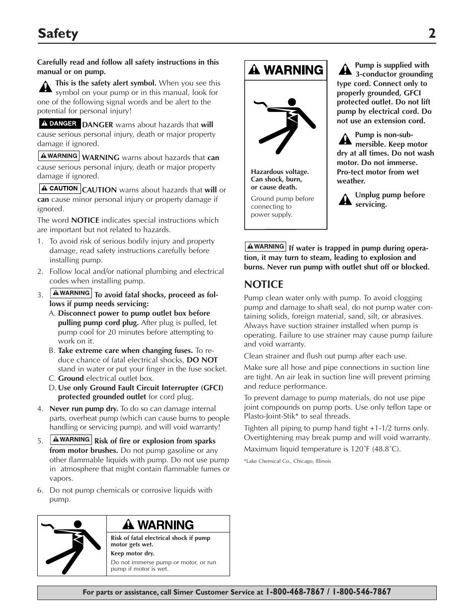 Safety 2, Notice | Simer Pumps 4850C User Manual | Page 2 / 24