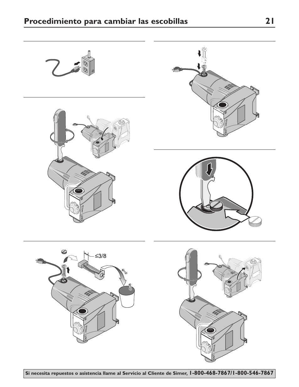 Procedimiento para cambiar las escobillas, Paso 1 paso 2, Ab paso 6 paso 3 paso 4 paso 5 | Simer Pumps 4850C User Manual | Page 21 / 24