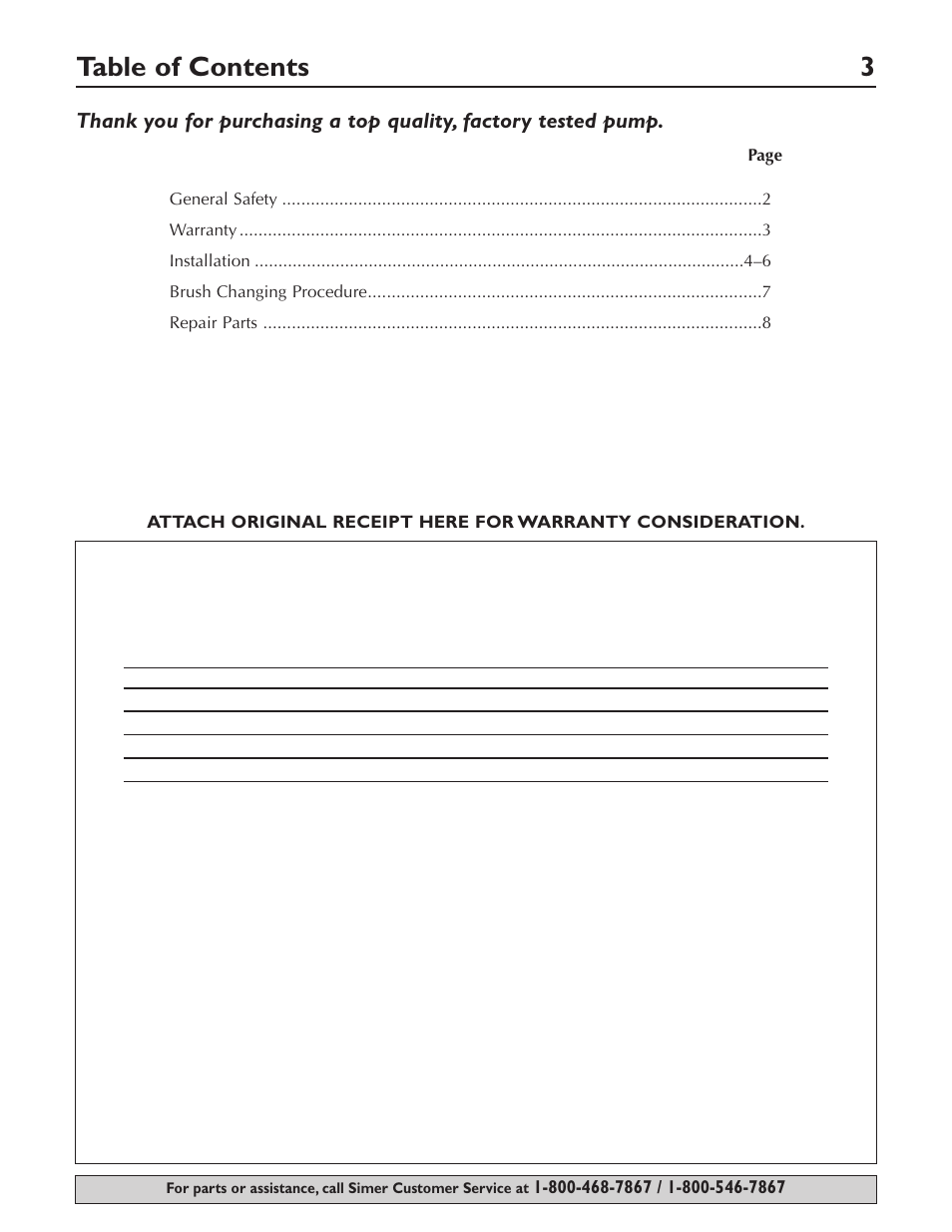 Table of contents 3 | Simer Pumps 4850C User Manual | Page 3 / 24
