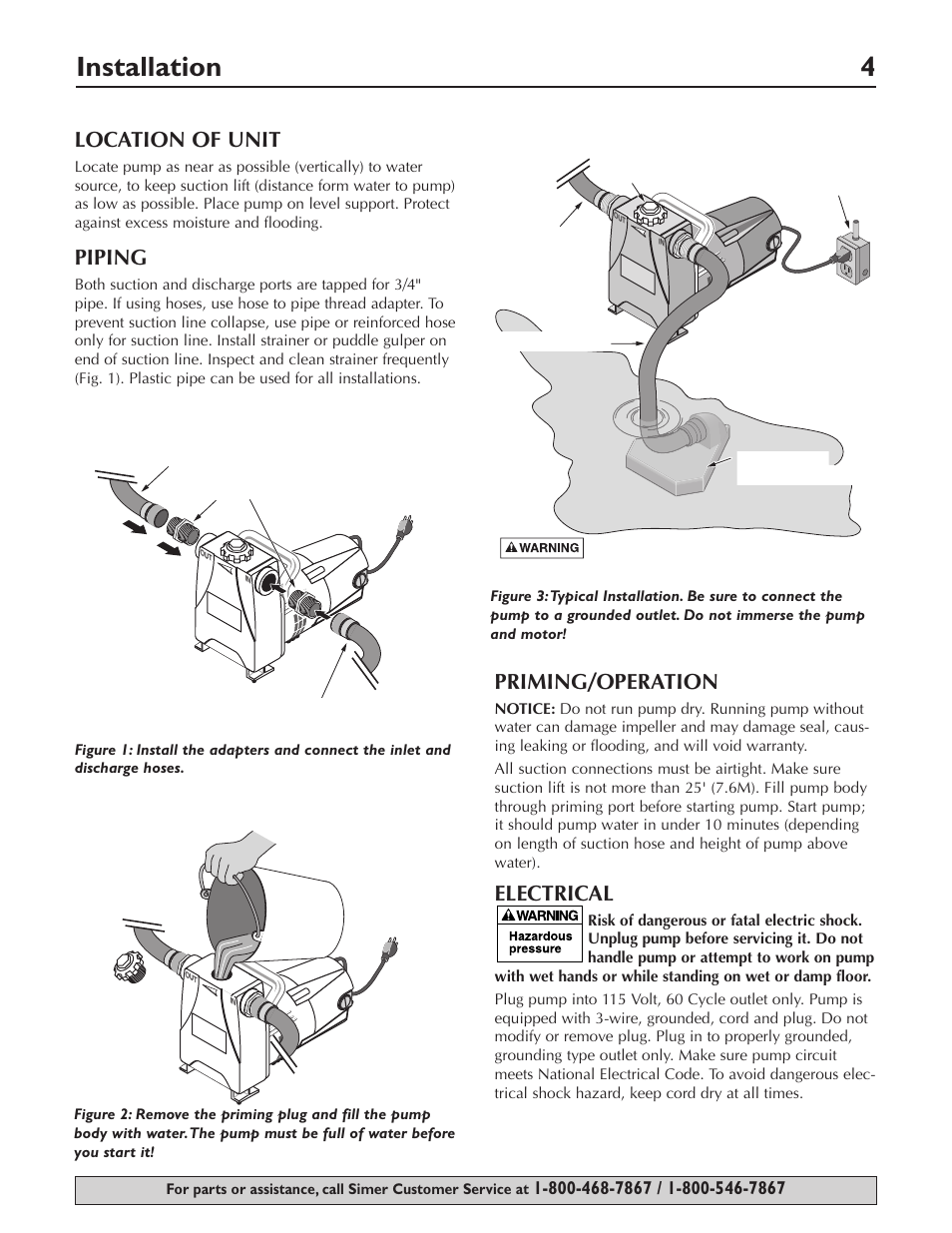 Installation 4, Location of unit, Piping | Priming/operation, Electrical | Simer Pumps 4850C User Manual | Page 4 / 24