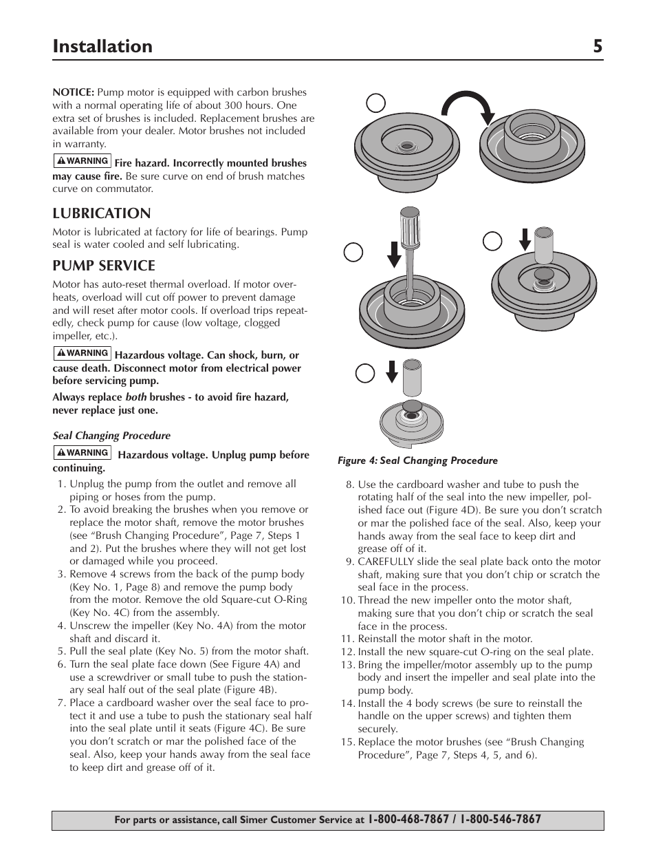 Installation 5, Lubrication, Pump service | Ab c d | Simer Pumps 4850C User Manual | Page 5 / 24