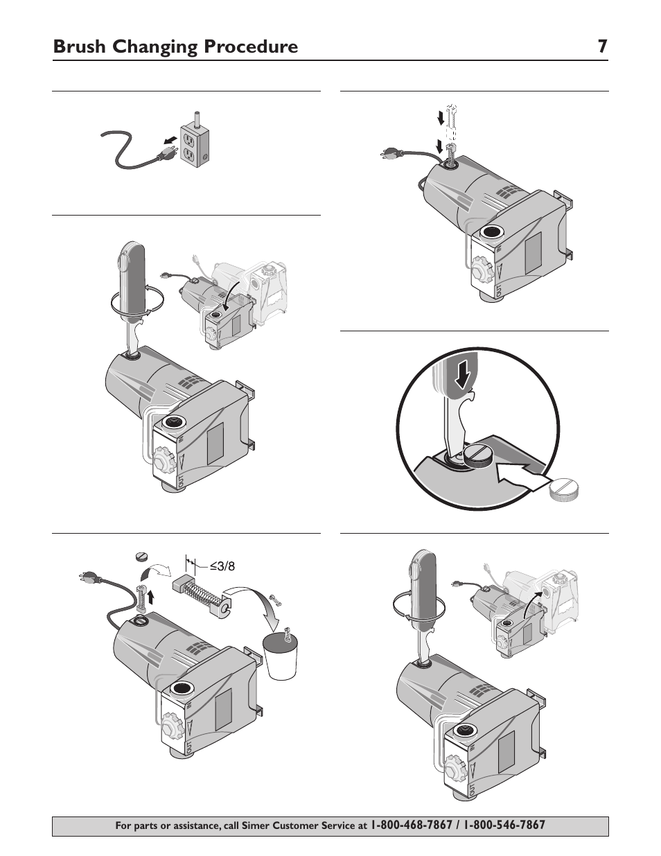 Brush changing procedure 7, Step 1 step 2, Ab step 6 step 3 step 4 step 5 | Simer Pumps 4850C User Manual | Page 7 / 24