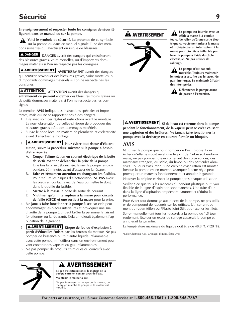 Sécurité 9, Avis, Avertissement | Simer Pumps 4850C User Manual | Page 9 / 24