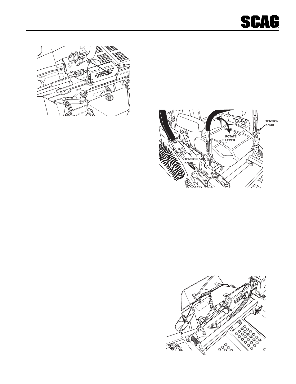 14 towing (optional hitch accessory), 15 adjusting the steering levers, 16 adjusting the height adjust pedal | Figure 4-7 deck release lever, Figure 4-8 adjusting steering levers, Figure 4-9 height adjust pedal locations | Scag Power Equipment STT User Manual | Page 23 / 129