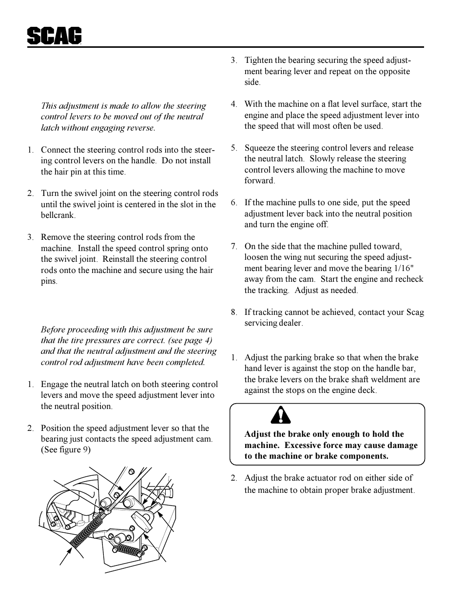 Caution, 8steering control rod adjustment, Tracking adjustment | Parking brake | Scag Power Equipment SWZ User Manual | Page 10 / 36