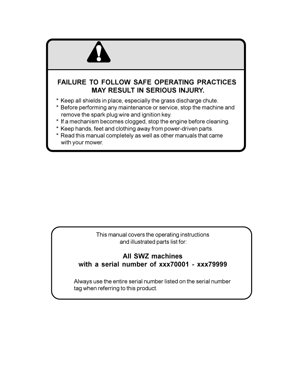 Warning | Scag Power Equipment SWZ User Manual | Page 2 / 36