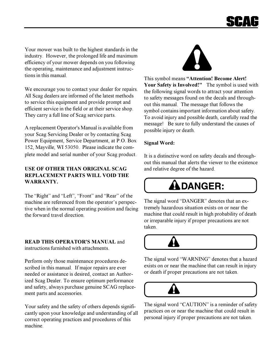 Warning, Caution | Scag Power Equipment SWZ User Manual | Page 3 / 36