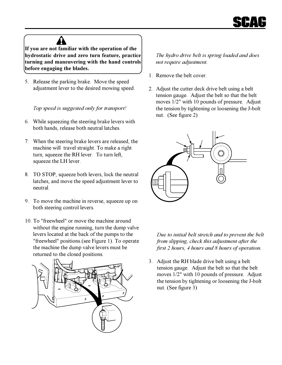 Warning, Cutter deck belt adjustments | Scag Power Equipment SWZ User Manual | Page 7 / 36
