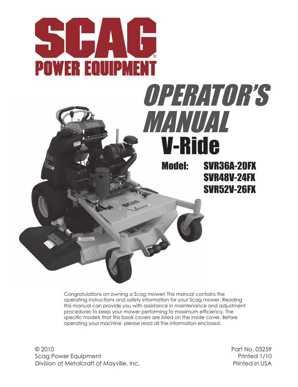 Scag Power Equipment V-RIDE SVR52V-26FX User Manual | 63 pages