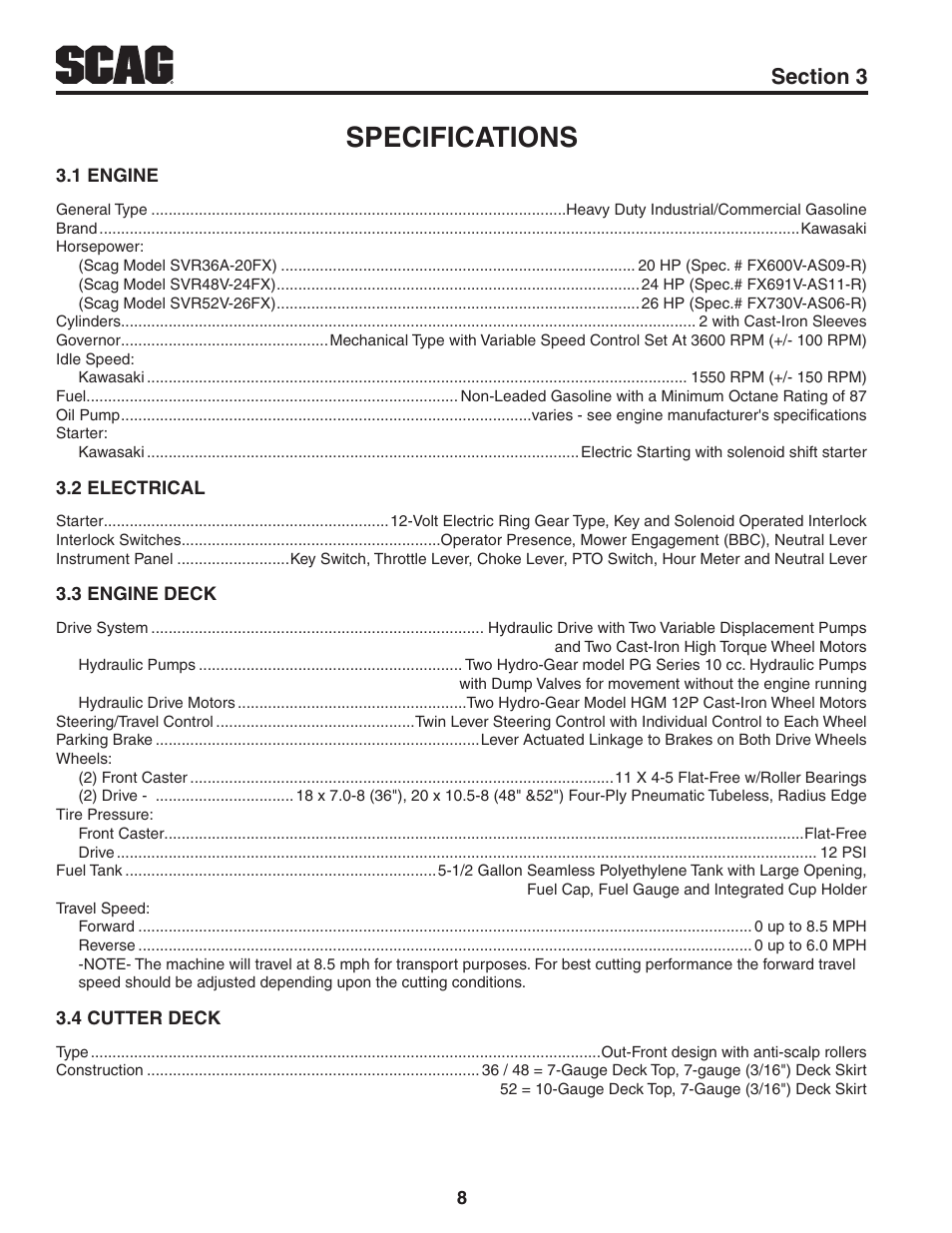 Specifications | Scag Power Equipment V-RIDE SVR52V-26FX User Manual | Page 12 / 63