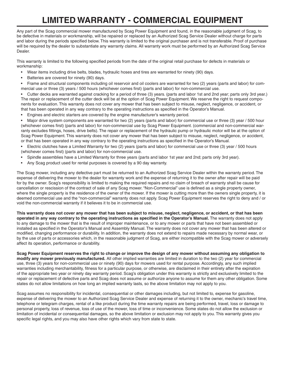 Limited warranty - commercial equipment | Scag Power Equipment V-RIDE SVR52V-26FX User Manual | Page 63 / 63