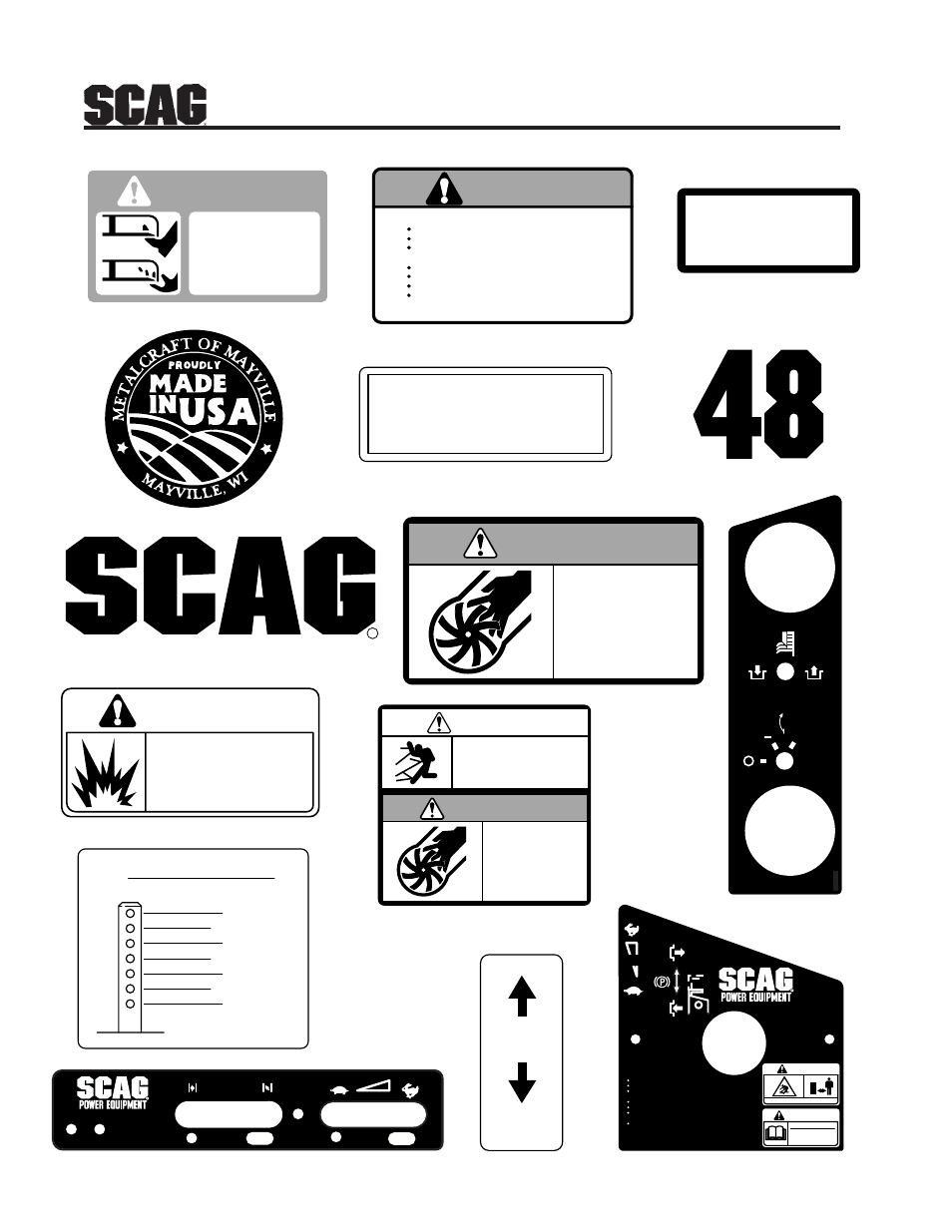 Danger, Caution, Heavy duty commercial | Warning, 34 replacement decals and information plates, Dump valve, Cutting height adjustment, Rotating blades and belts | Scag Power Equipment STR User Manual | Page 80 / 84