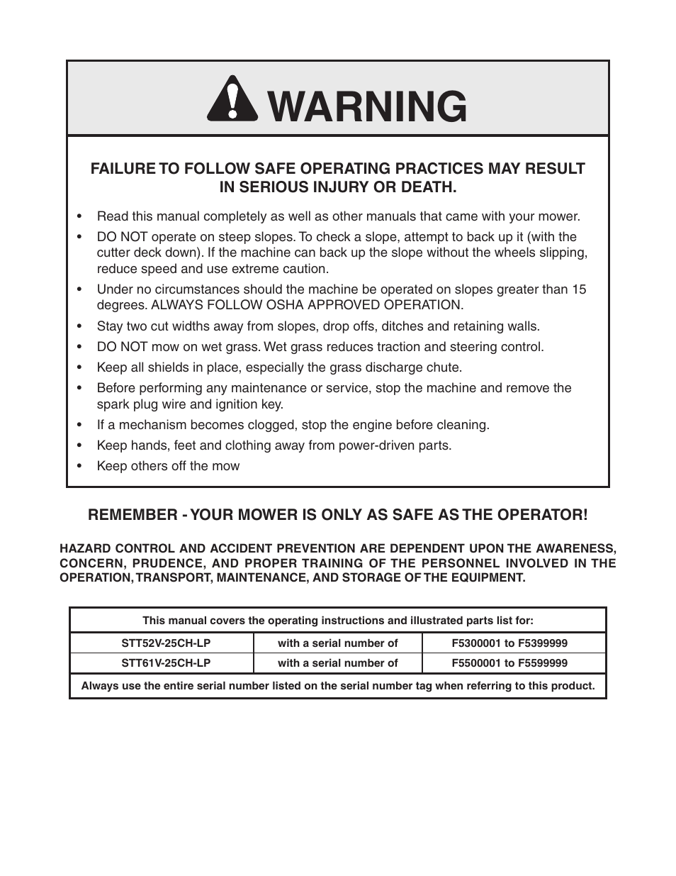 Warning | Scag Power Equipment TURF TIGER STT52V-25CH-LP User Manual | Page 2 / 76