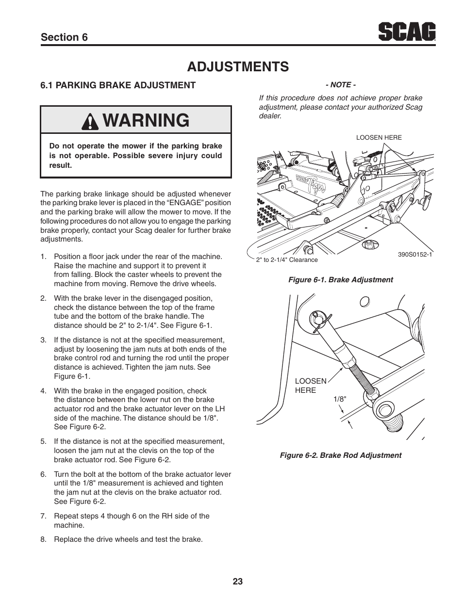 Adjustments, 1 parking brake adjustment, Section 6 | Warning | Scag Power Equipment TURF TIGER STT52V-25CH-LP User Manual | Page 27 / 76