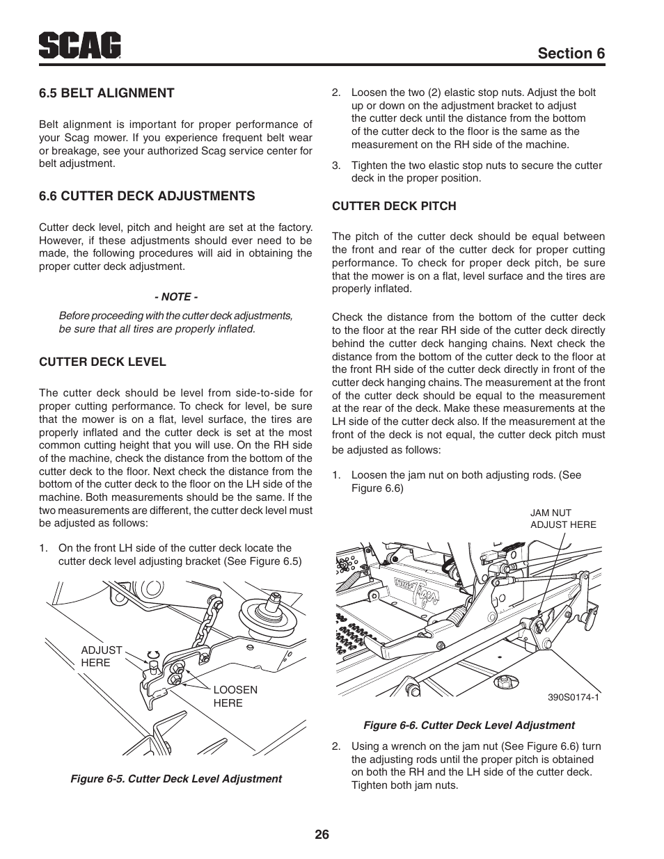 5 belt alignment, 6 cutter deck adjustments, 5 belt alignment 6.6 cutter deck adjustments | Scag Power Equipment TURF TIGER STT52V-25CH-LP User Manual | Page 30 / 76