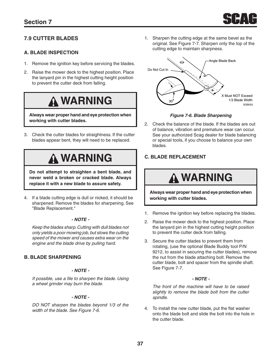 9 cutter blades, Warning | Scag Power Equipment TURF TIGER STT52V-25CH-LP User Manual | Page 41 / 76