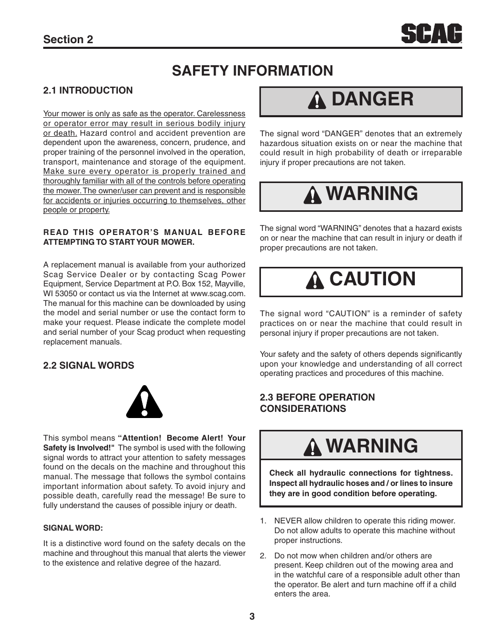 Safety information, 1 introduction, 2 signal words | 3 before operation considerations, Section 2, Danger, Warning, Caution | Scag Power Equipment TURF TIGER STT52V-25CH-LP User Manual | Page 7 / 76