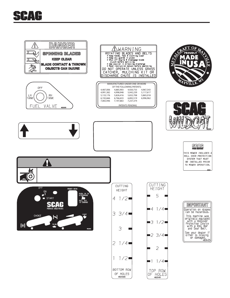 Replacement decals and information plates, Heavy-duty commercial, Warning | Install belt cover before operating machine | Scag Power Equipment STWC WILDCAT STWC48V-25CV User Manual | Page 31 / 34