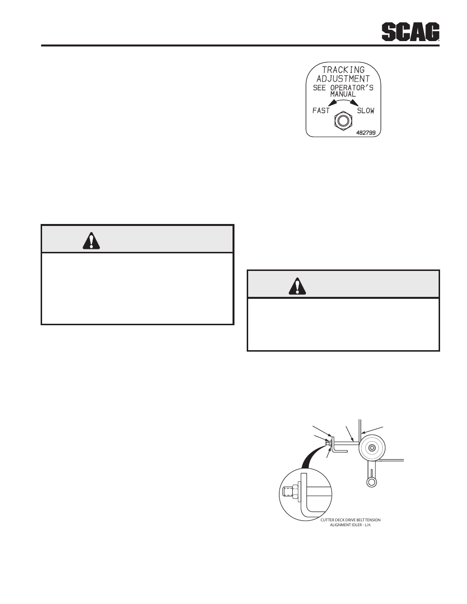 4 tracking adjustment, 5 throttle control and choke adjustments, 6 cutter deck belt adjustments | Warning | Scag Power Equipment WALK-BEHIND SWZ48V-17KAI User Manual | Page 23 / 92