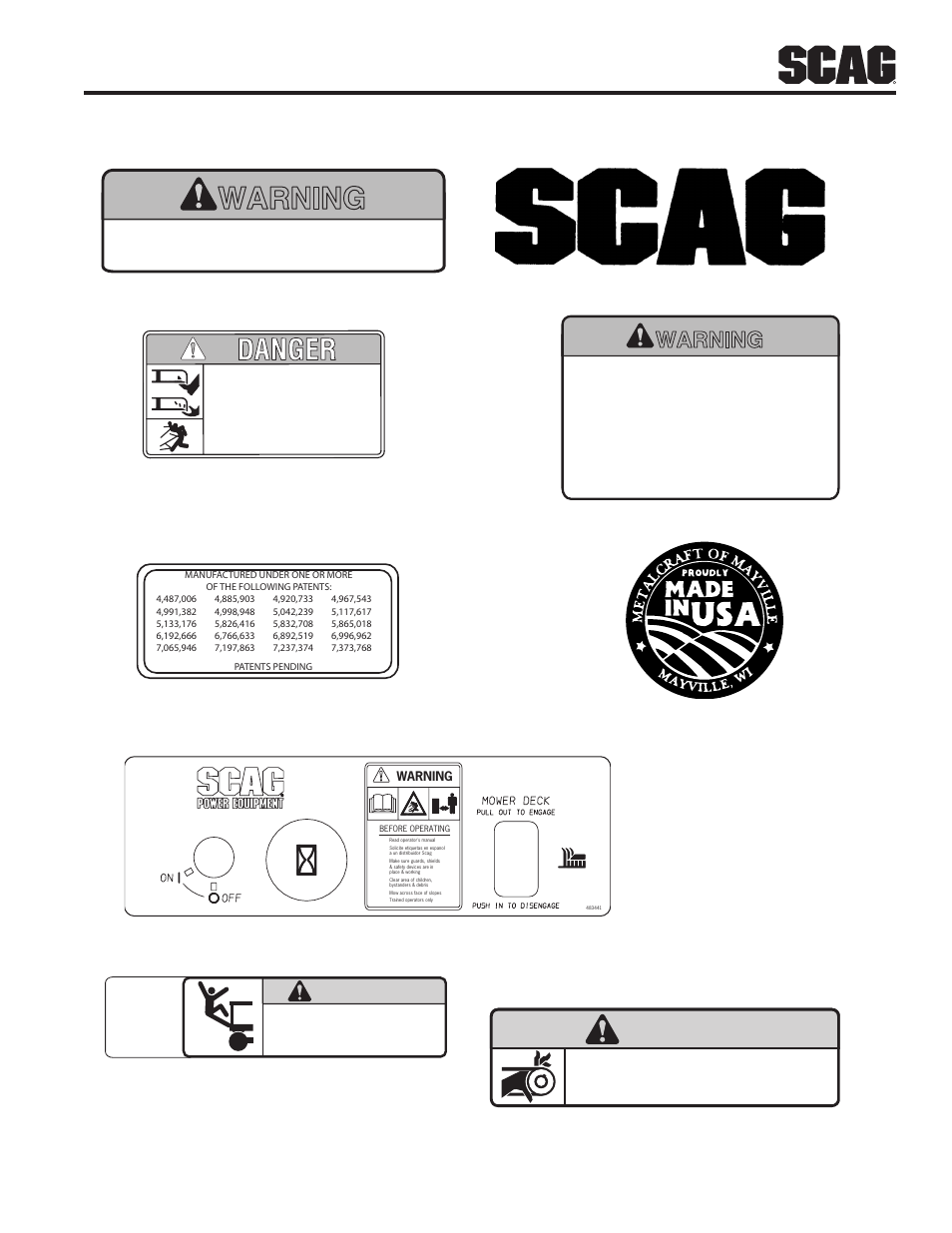 Replacement decals and information plates, Warning, Install belt cover before operating machine | Spinning blades | Scag Power Equipment WALK-BEHIND SWZ48V-17KAI User Manual | Page 61 / 92