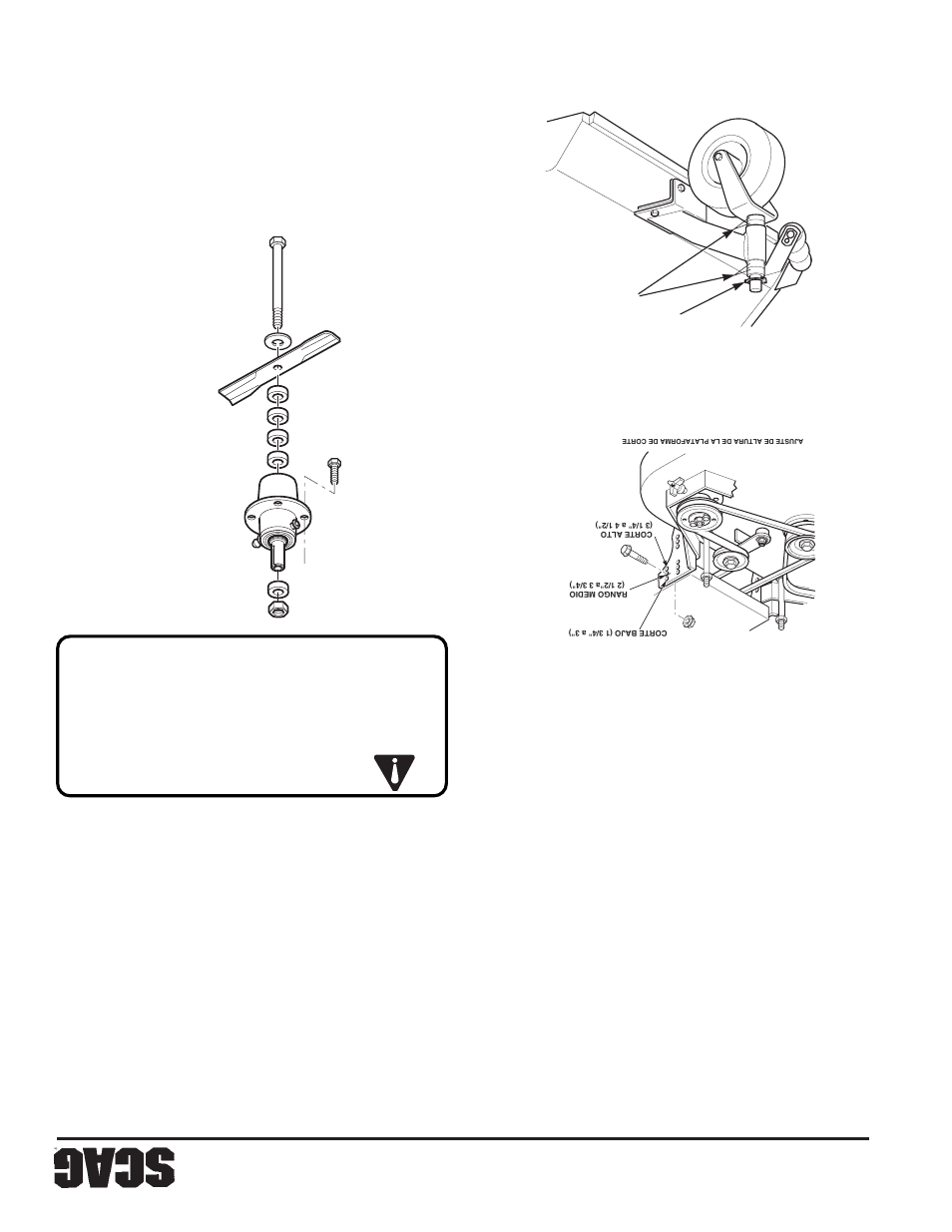 Adver tencia, Ajuste de la altura de cor te, Cuchillas de corte | Ajustes de la plataforma de corte | Scag Power Equipment WALK-BEHIND SWZ48V-17KAI User Manual | Page 78 / 92