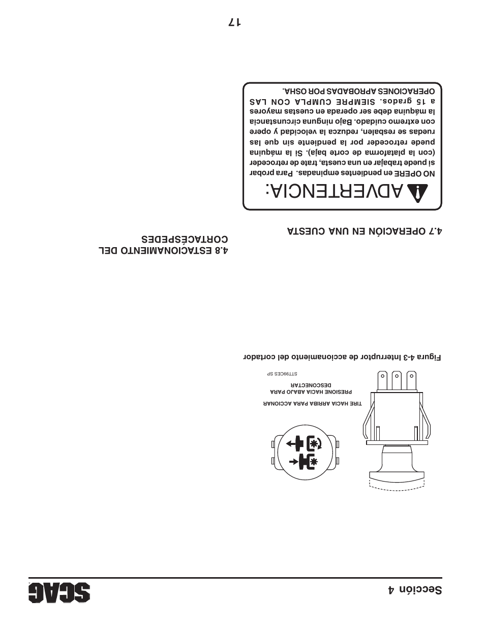 Adver tencia, Sección 4 17 | Scag Power Equipment STWC61V-25KA-LC User Manual | Page 100 / 120
