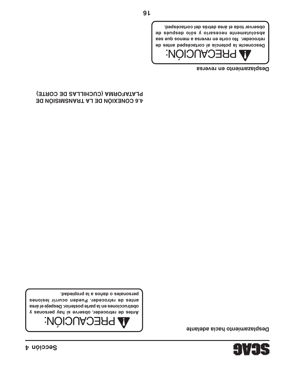 Precaución, Sección 4 16 | Scag Power Equipment STWC61V-25KA-LC User Manual | Page 101 / 120