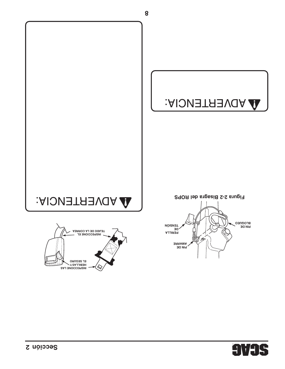 Adver tencia: adver tencia, 8sección 2 | Scag Power Equipment STWC61V-25KA-LC User Manual | Page 109 / 120