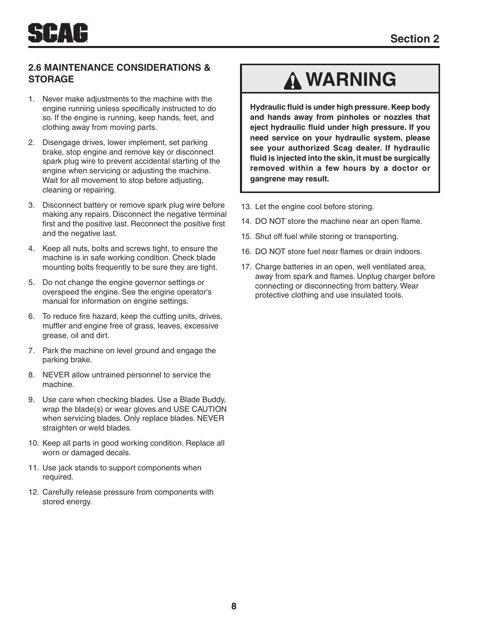 6 maintenance considerations & storage, Warning | Scag Power Equipment STWC61V-25KA-LC User Manual | Page 12 / 120