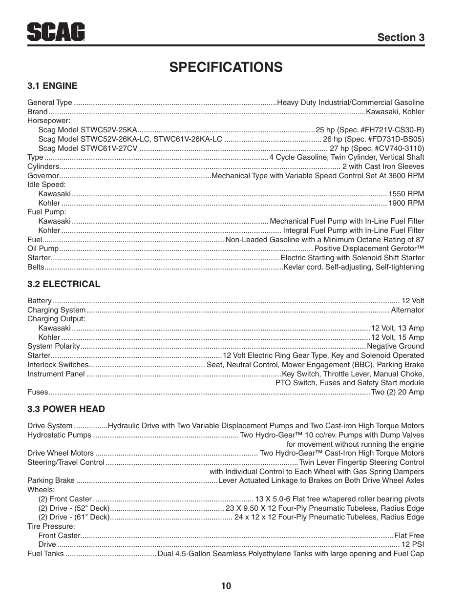 Specifications, 1 engine, 2 electrical | 3 power head, Section 3, 1 engine 3.2 electrical 3.3 power head | Scag Power Equipment STWC61V-25KA-LC User Manual | Page 14 / 120