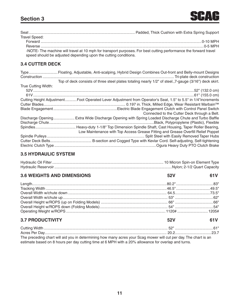 4 cutter deck, 5 hydraulic system, 6 weights and dimensions 52v 61v | 7 productivity 52v 61v | Scag Power Equipment STWC61V-25KA-LC User Manual | Page 15 / 120