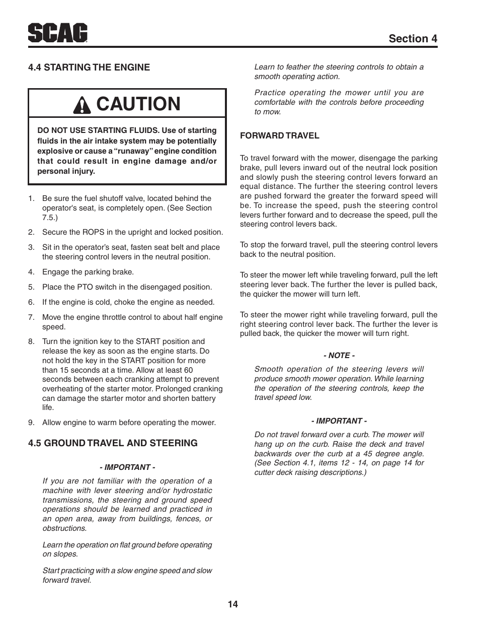 4 starting the engine, 5 ground travel and steering, Caution | Scag Power Equipment STWC61V-25KA-LC User Manual | Page 18 / 120