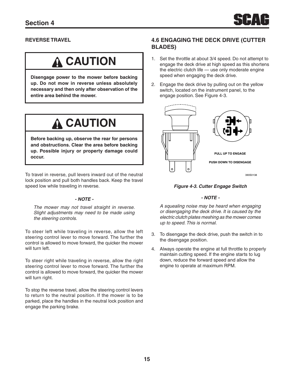 6 engaging the deck drive (cutter blades), Caution | Scag Power Equipment STWC61V-25KA-LC User Manual | Page 19 / 120