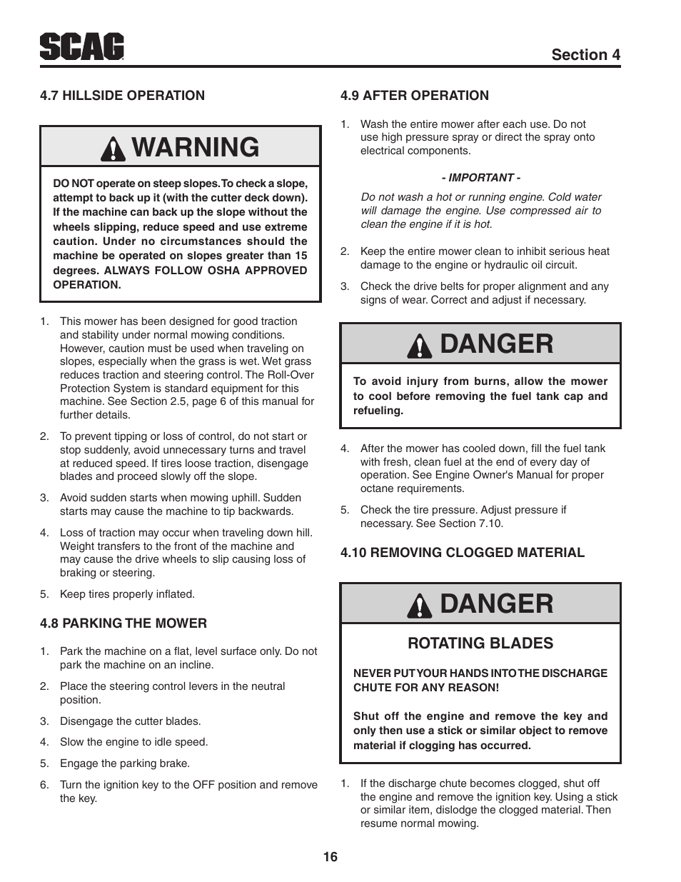 7 hillside operation, 8 parking the mower, 9 after operation | 10 removing clogged material, Warning, Danger, Rotating blades | Scag Power Equipment STWC61V-25KA-LC User Manual | Page 20 / 120