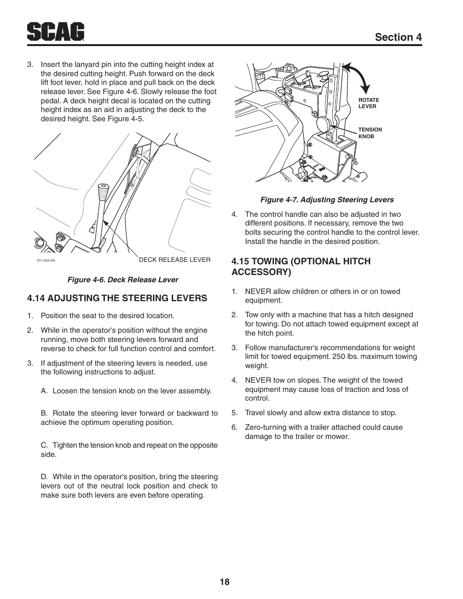 14 adjusting the steering levers, 15 towing (optional hitch accessory) | Scag Power Equipment STWC61V-25KA-LC User Manual | Page 22 / 120